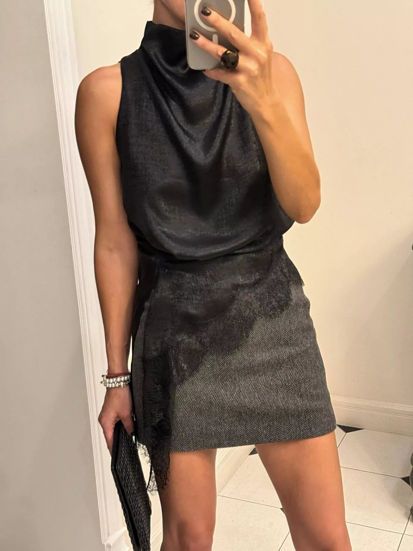 Cedar & Moore High Neck Lace Trim Cami, black satin sleeveless top