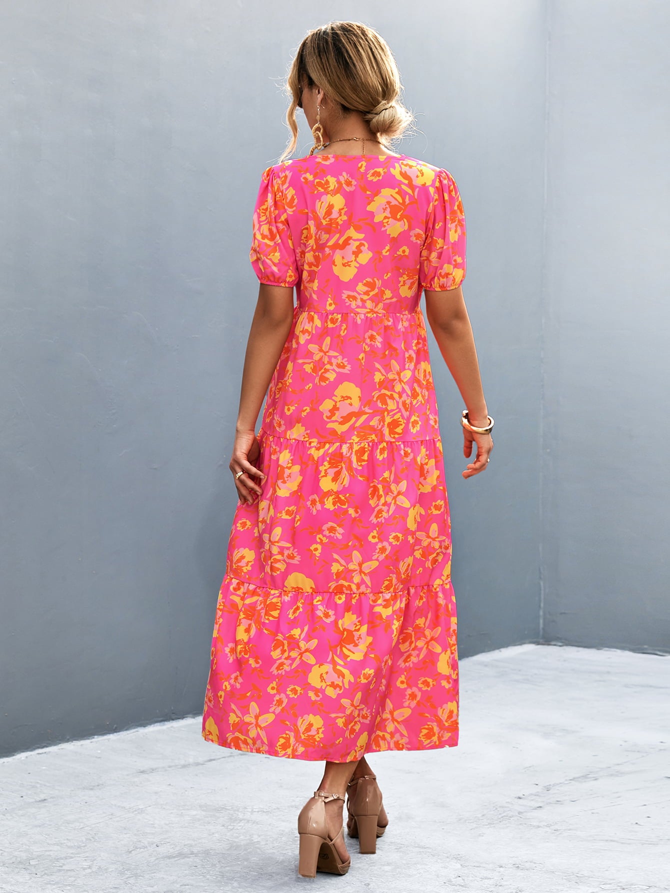 Floral V-neck midi dress with short sleeves, high slit, back view, pink-orange print