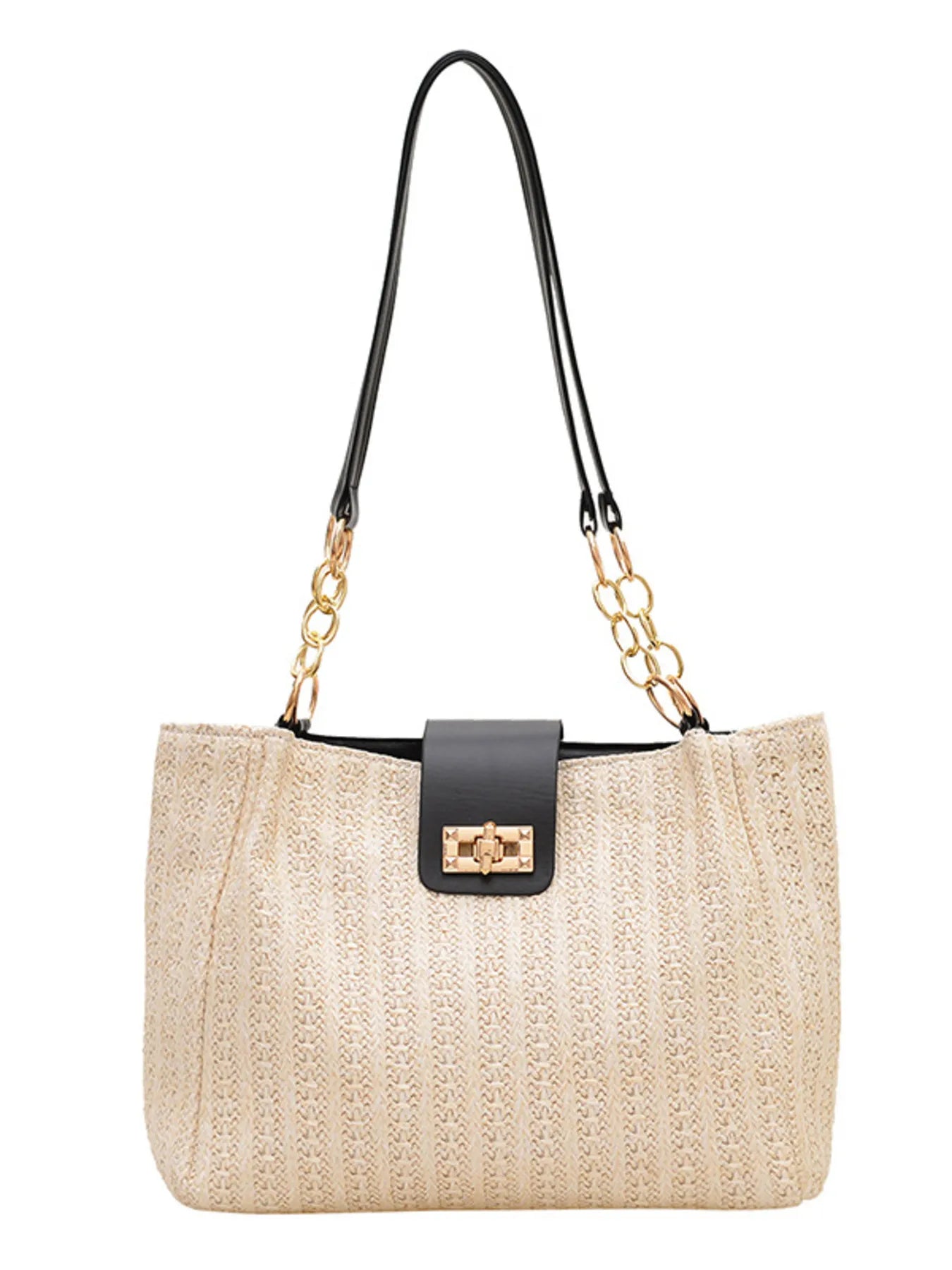 Beige woven straw shoulder bag with black top handles and gold chain accents