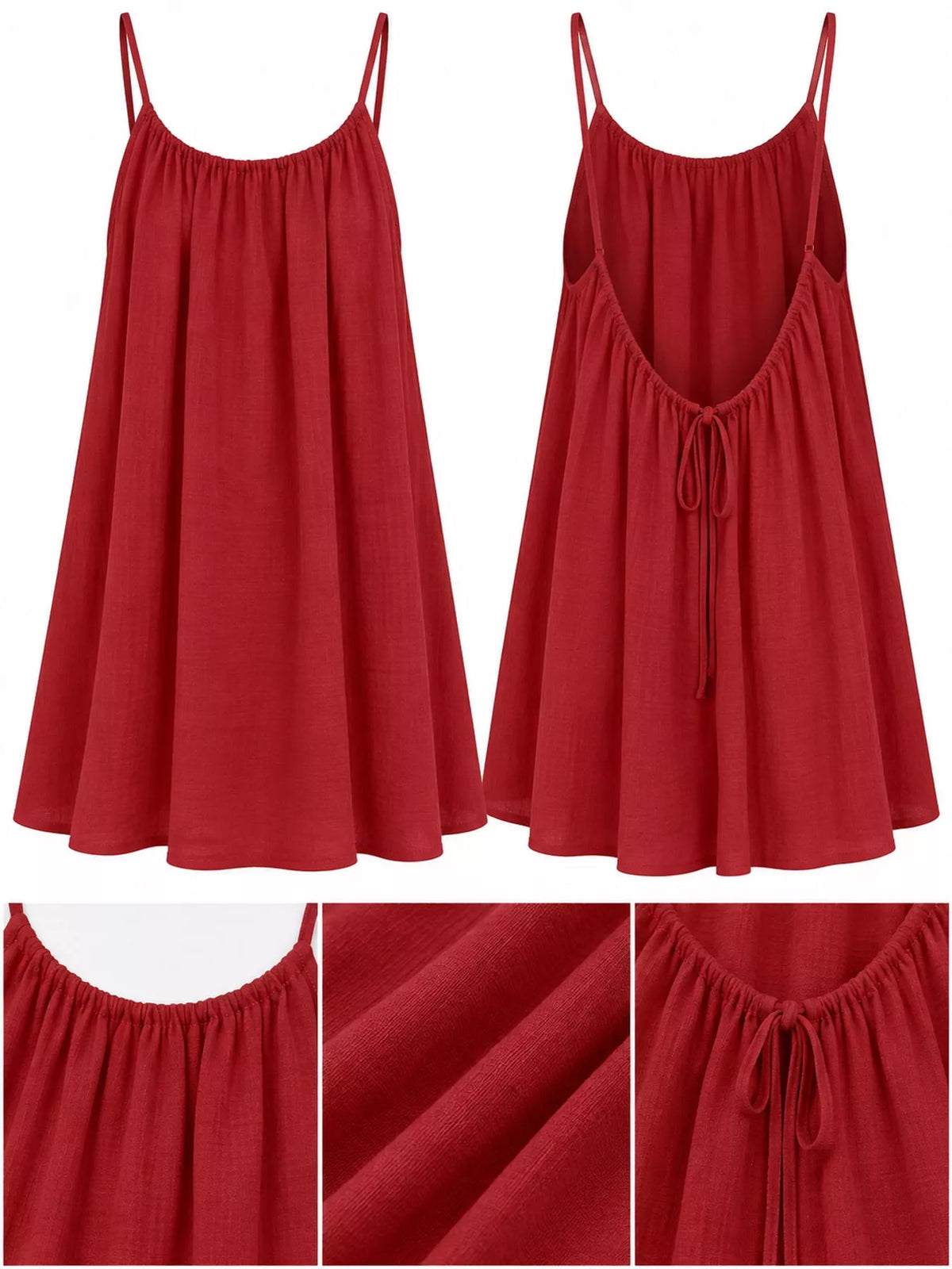 Red mini dress set: front and back view with spaghetti straps and ruched drawstring