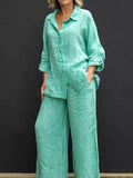 Long-sleeve shirt and pants set in mint green, button-front with wide-leg trousers