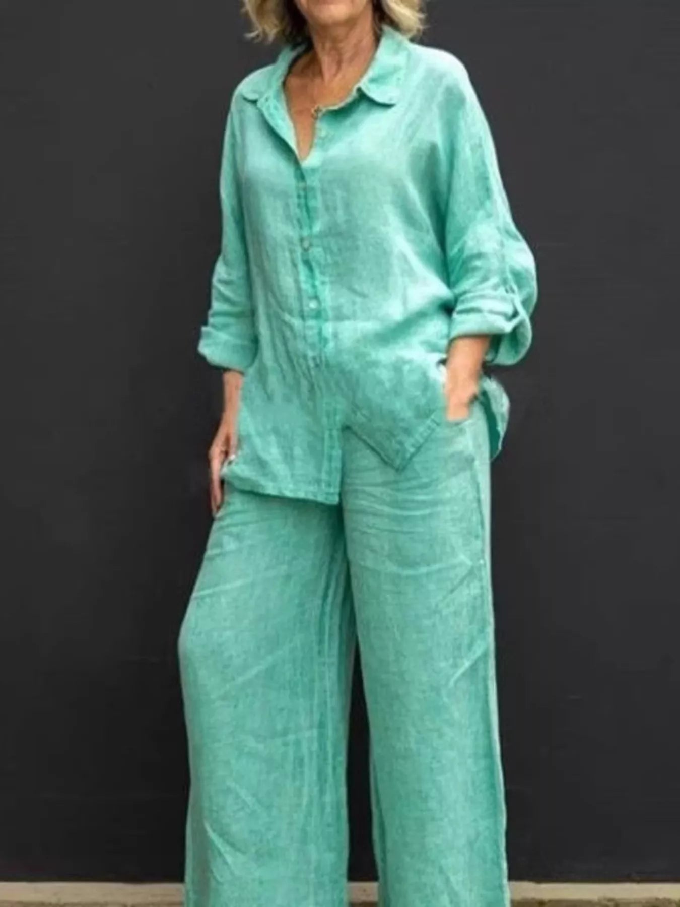 Long-sleeve shirt and pants set in mint green, button-front with wide-leg trousers