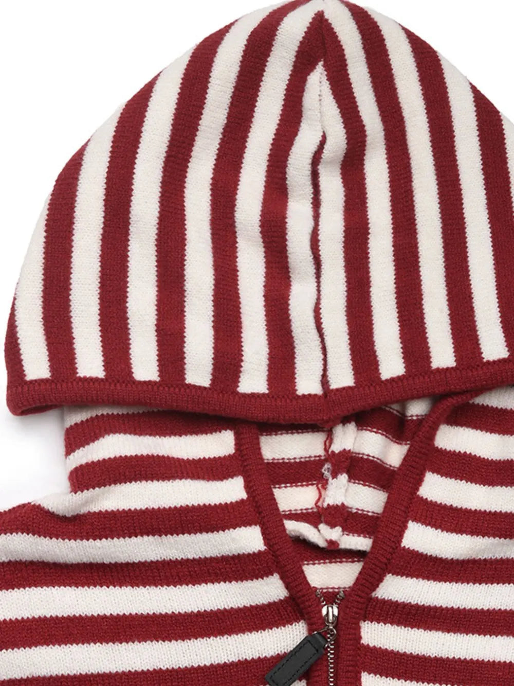 Striped knit hood in burgundy and white with drawstring and ribbed edge
