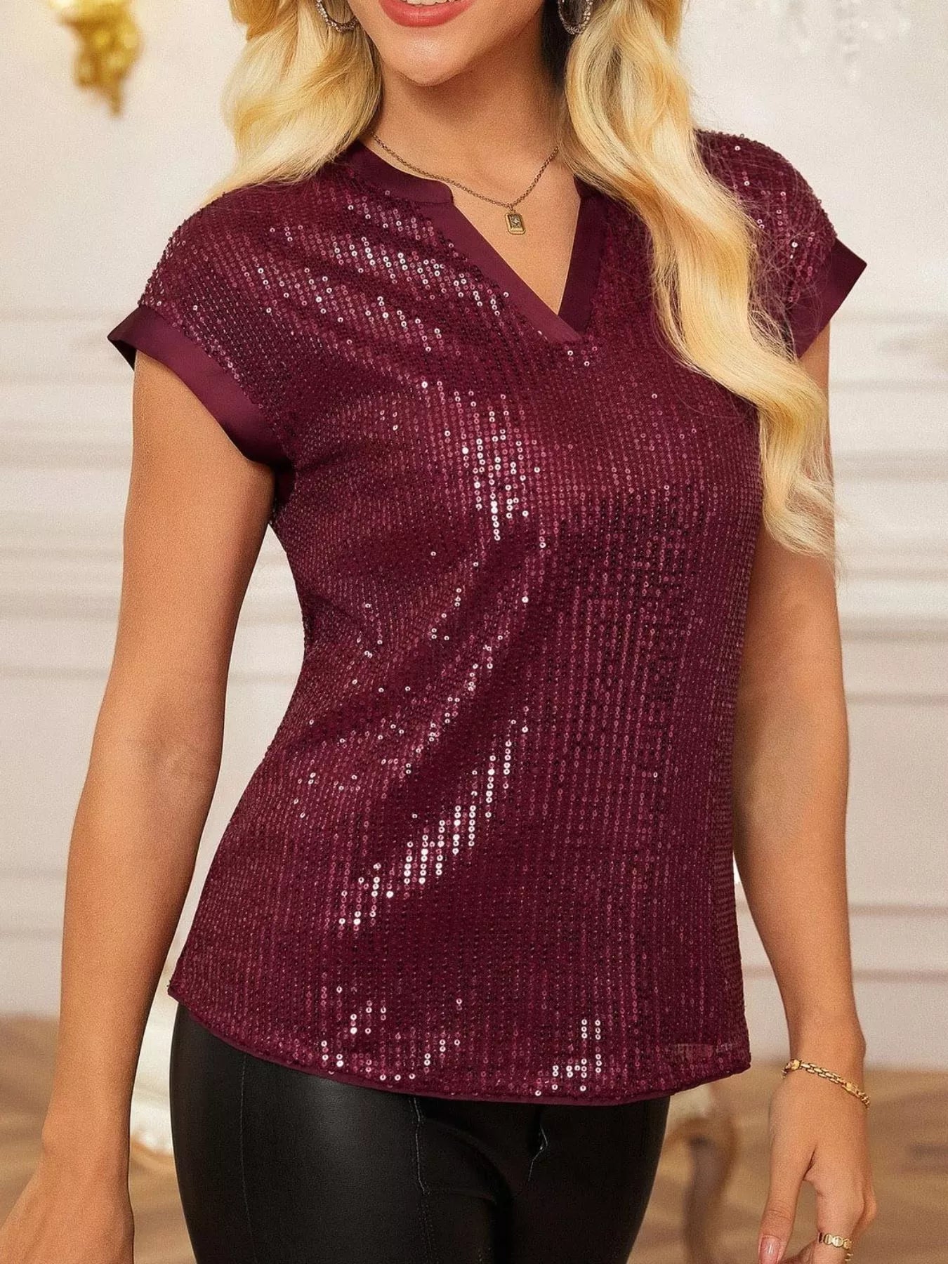 Sequin notched-cap sleeve blouse in burgundy by Trendsi