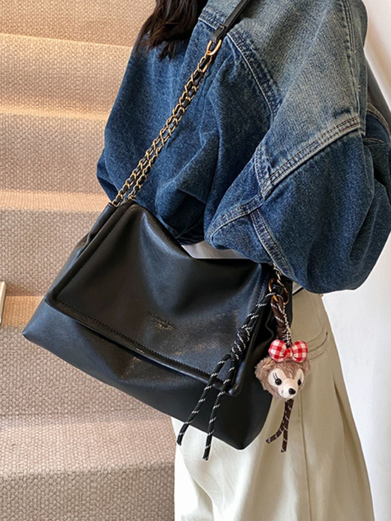 Flap Chain Shoulder Bag black PU, medium, by Trendsi, with chain strap and plush dog keychain