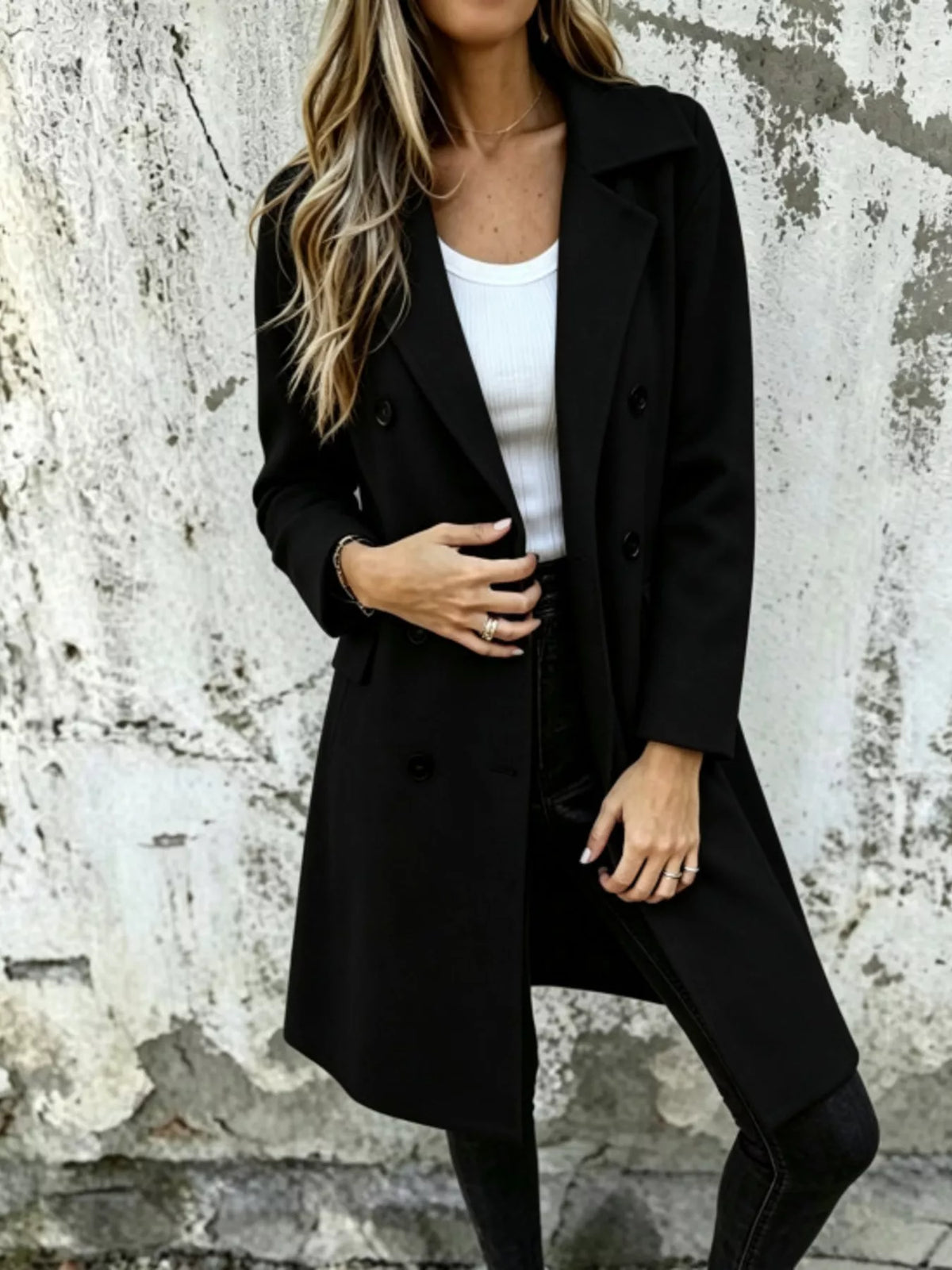 Long double-breasted lapel coat, black, front button closure