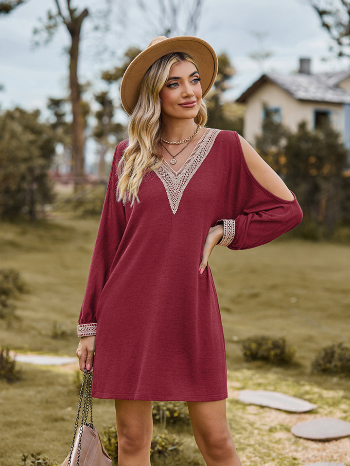 Wine V-neck cutout sleeve mini dress with crocheted trim and long cuffed sleeves
