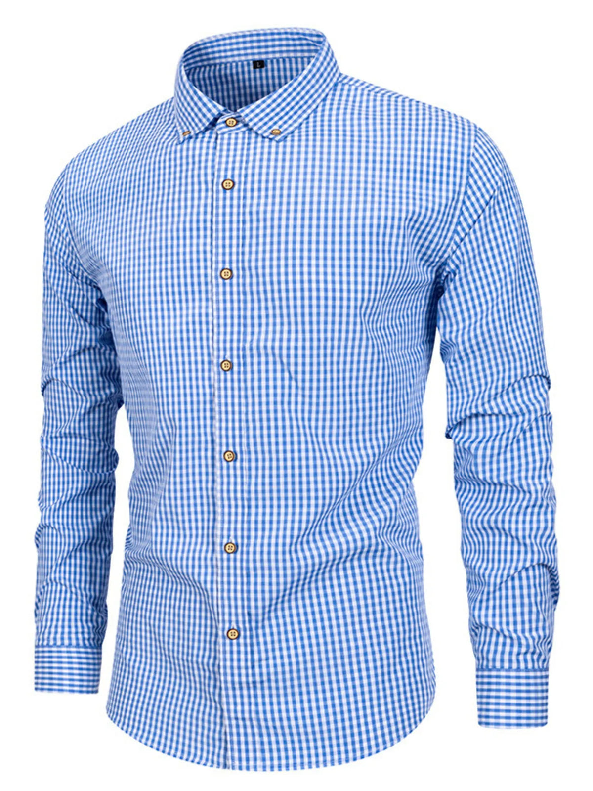 Men's light blue gingham button-down shirt with long sleeves and collar buttons