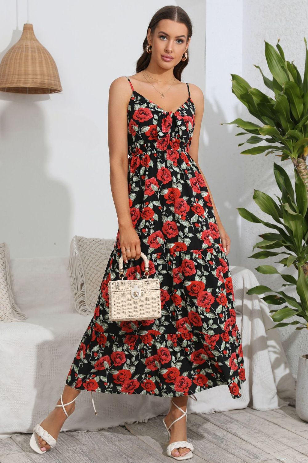 Sweetheart neck maxi dress, black floral with red rose print and thin straps
