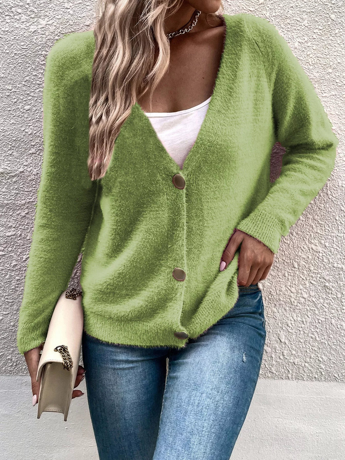 Lime green fuzzy v-neck cardigan with button front and long sleeves