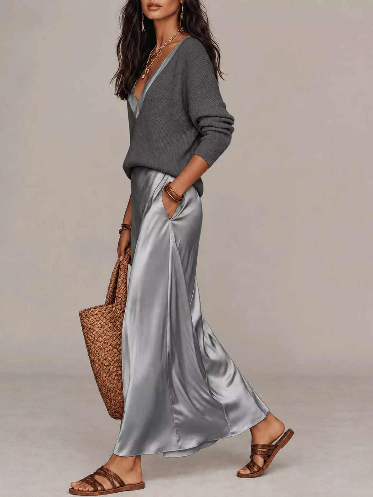 Gray ribbed V-neck top and silvery satin midi skirt two-piece set, long sleeves