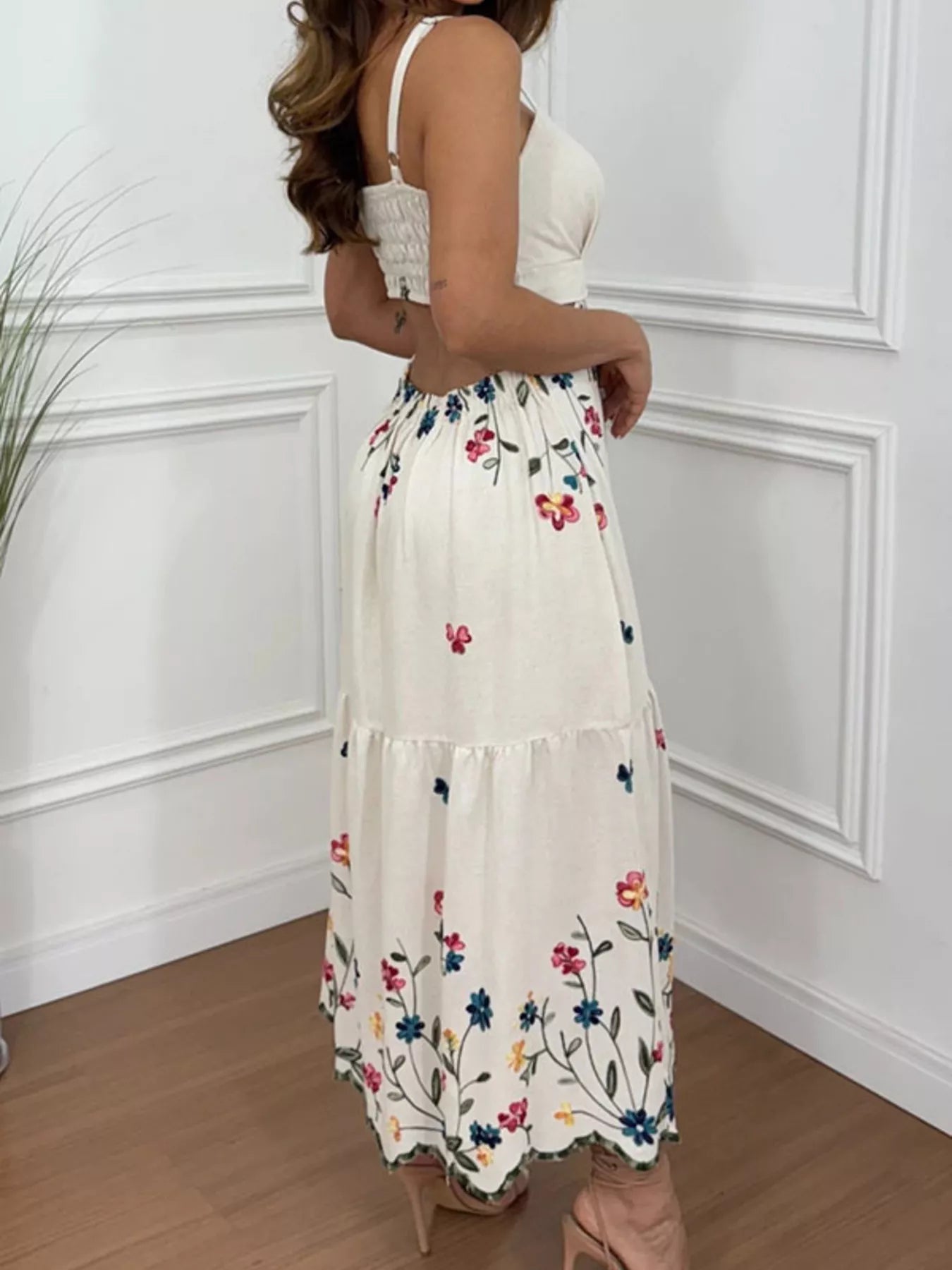 Cedar & Moore Floral Print Cutout Back Slit Hem Midi Dress, cream base with multicolor flowers