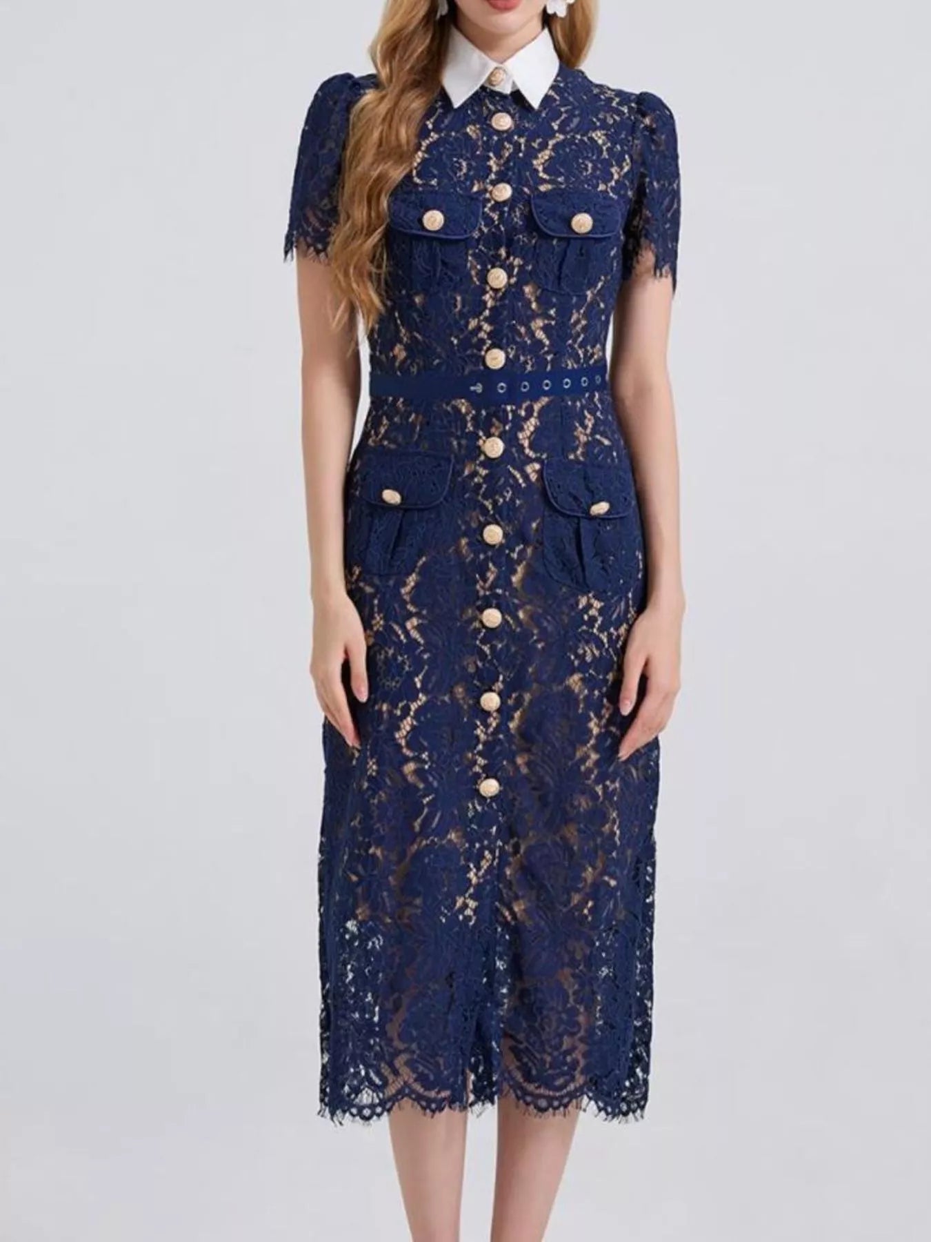Cedar & Moore Lace button-down navy midi dress with belt, gold buttons, pockets