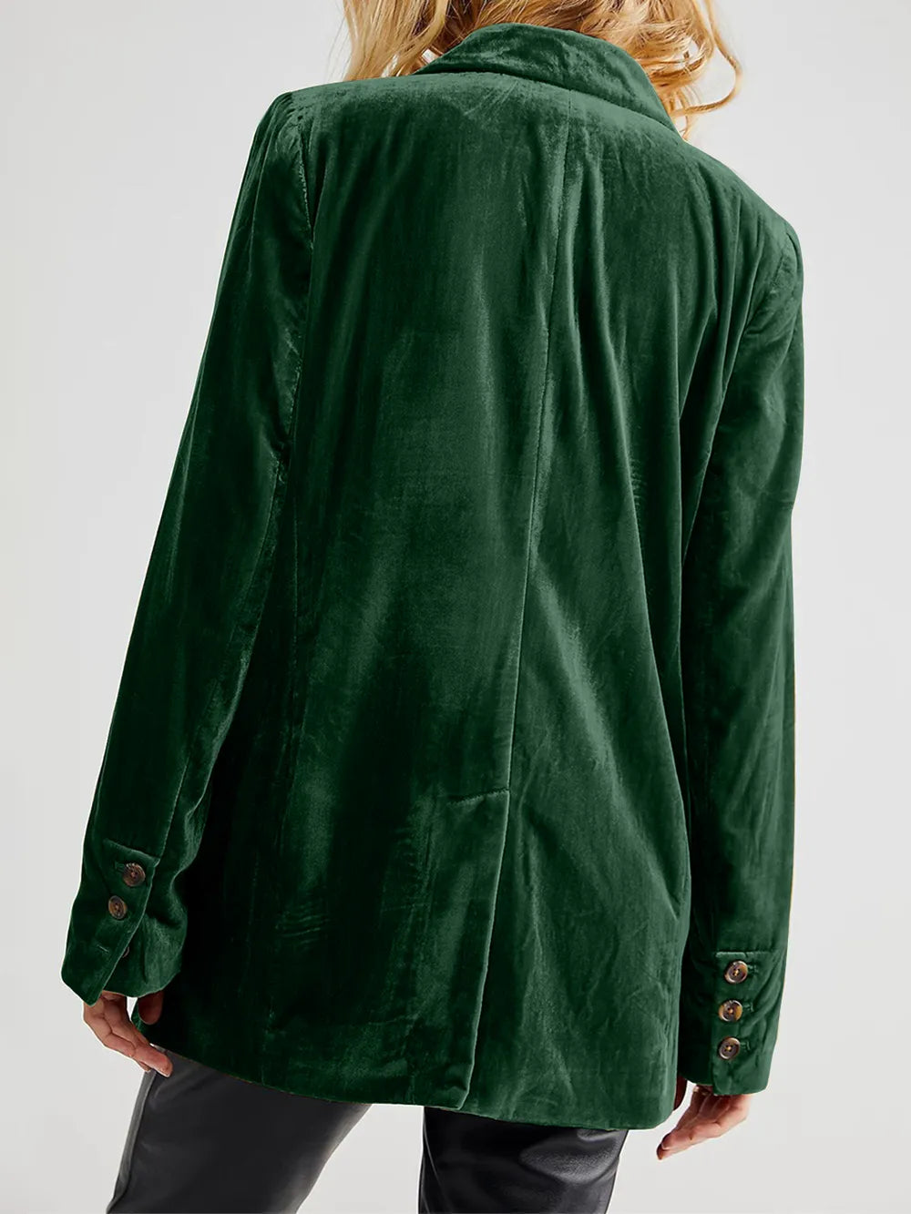 Dark green long-sleeve blazer back view with structured shoulders and button sleeve tabs