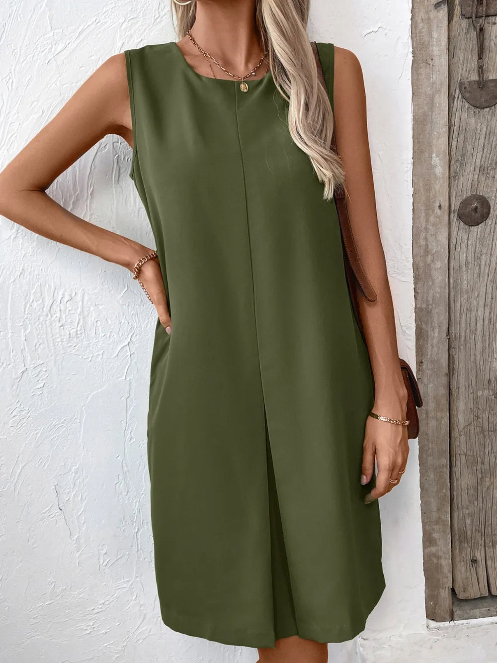 Ivy Lane pocketed round-neck sleeveless olive green mini dress by Trendsi