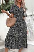 Black leopard print midi dress with short sleeves and V-neck, tiered skirt