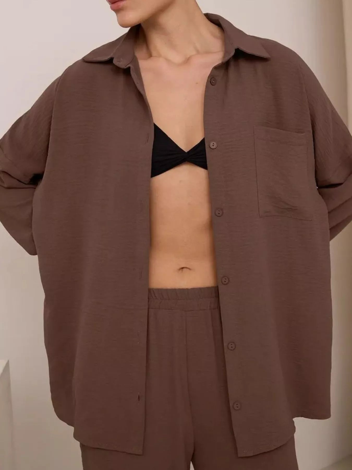 Brown relaxed shirt and wide-leg pants set, button-front short-sleeve top over pants