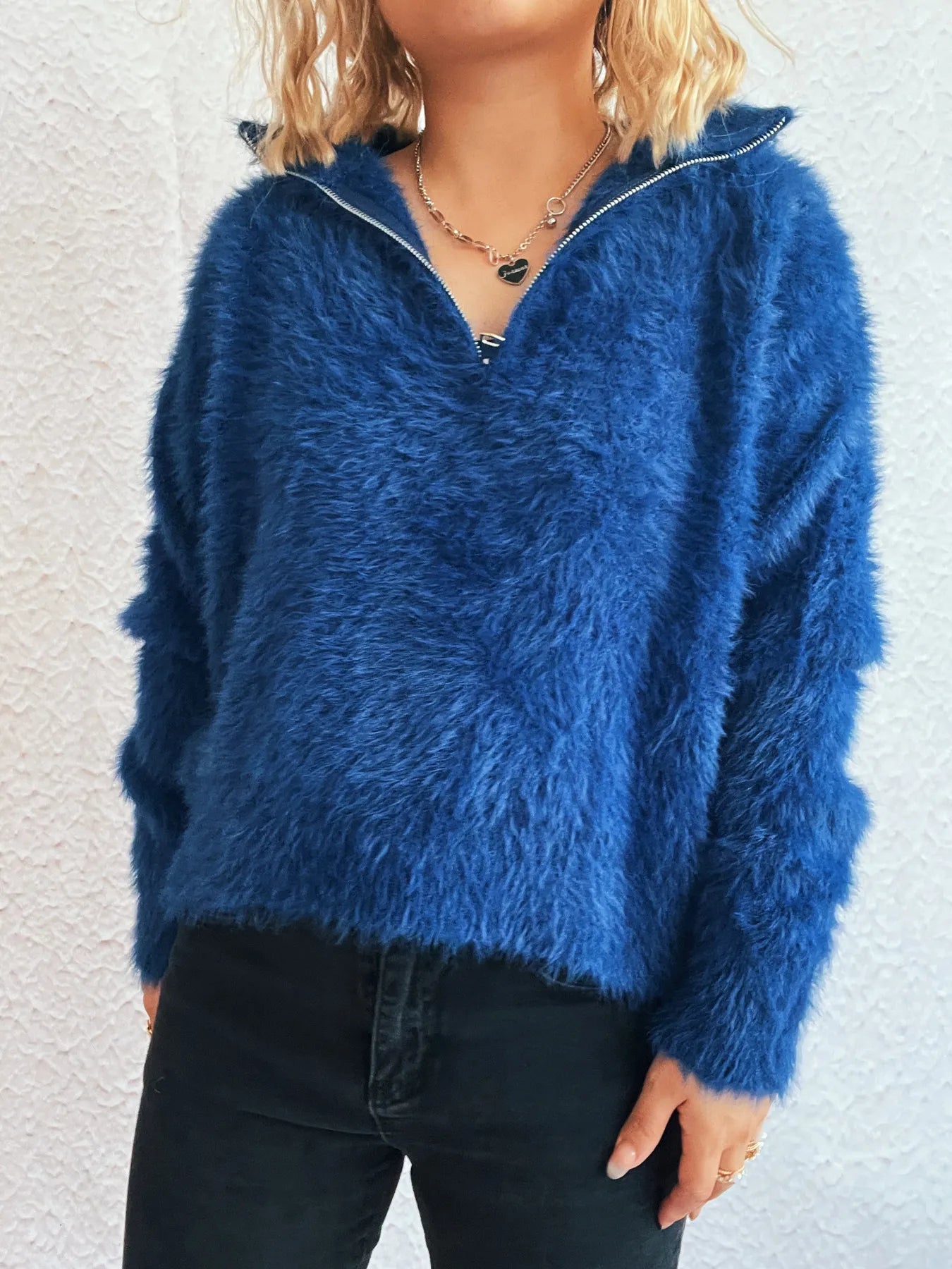 Blue fuzzy half-zip sweater, long sleeves, relaxed fit