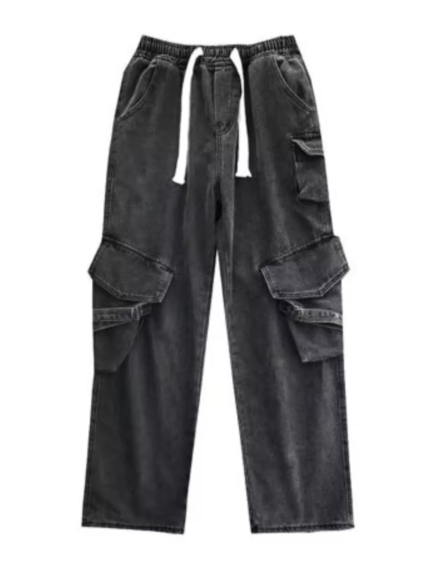 Black wide-leg drawstring cargo jeans with stacked flap pockets, plus size