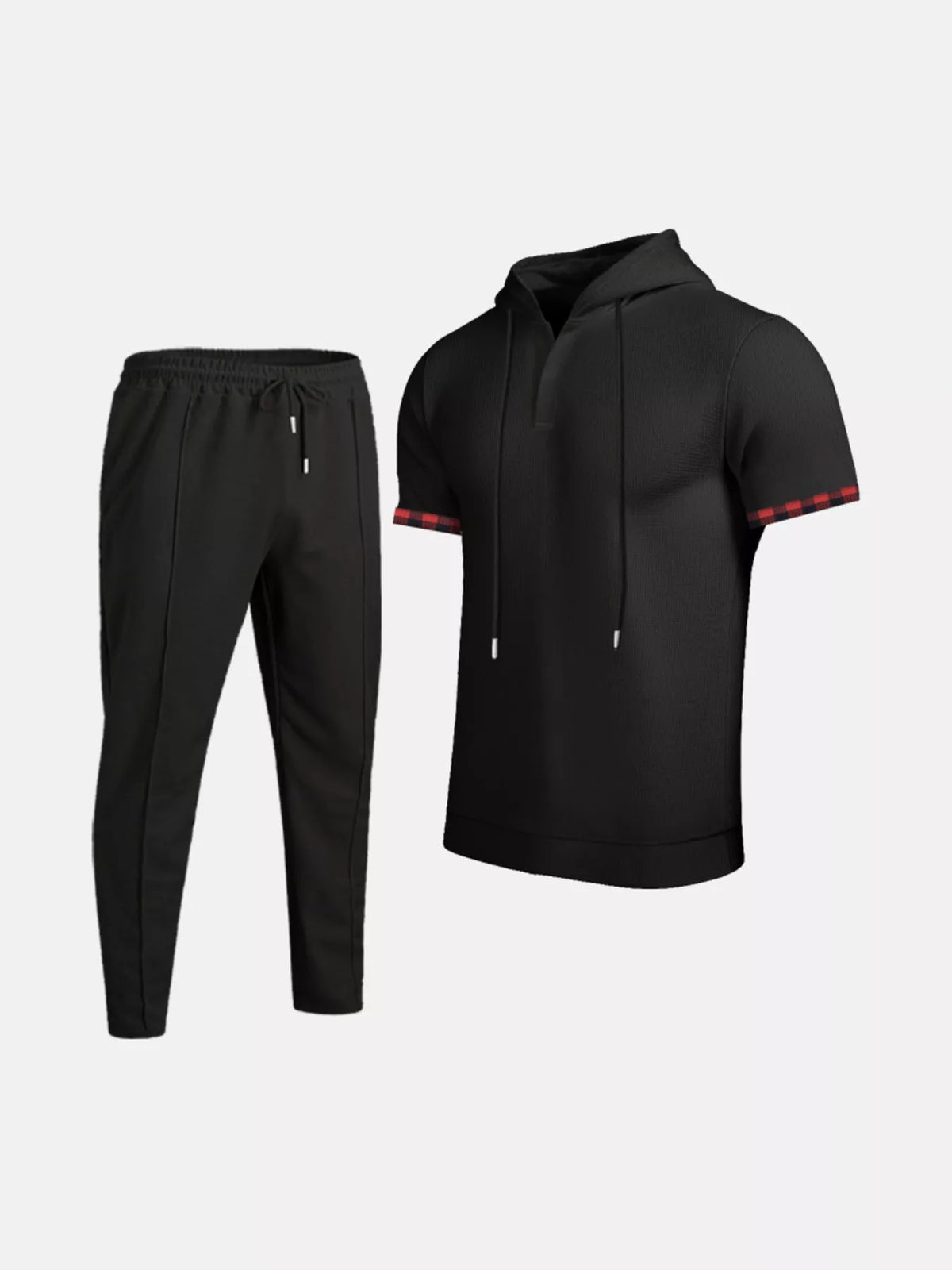 Black short-sleeve hoodie and jogger pants set, striped sleeve cuff detail