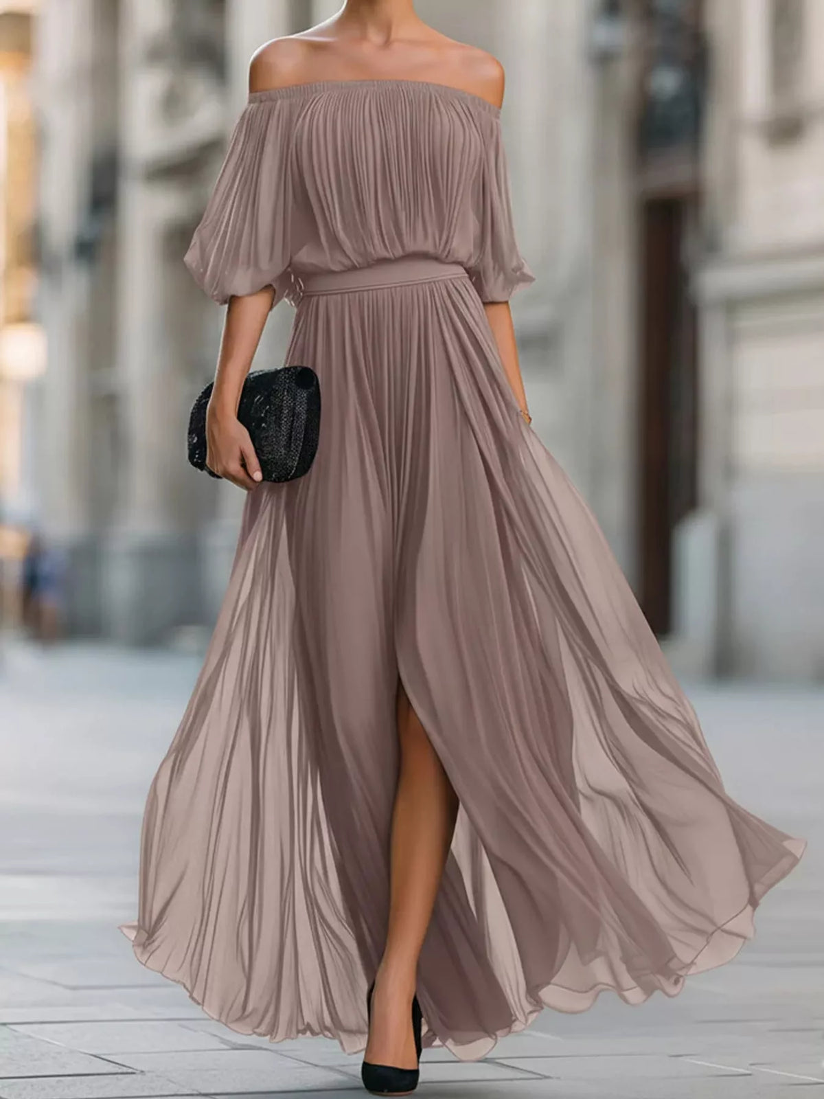 Taupe off-shoulder ruched chiffon maxi dress with gathered bodice and flowing tiered skirt