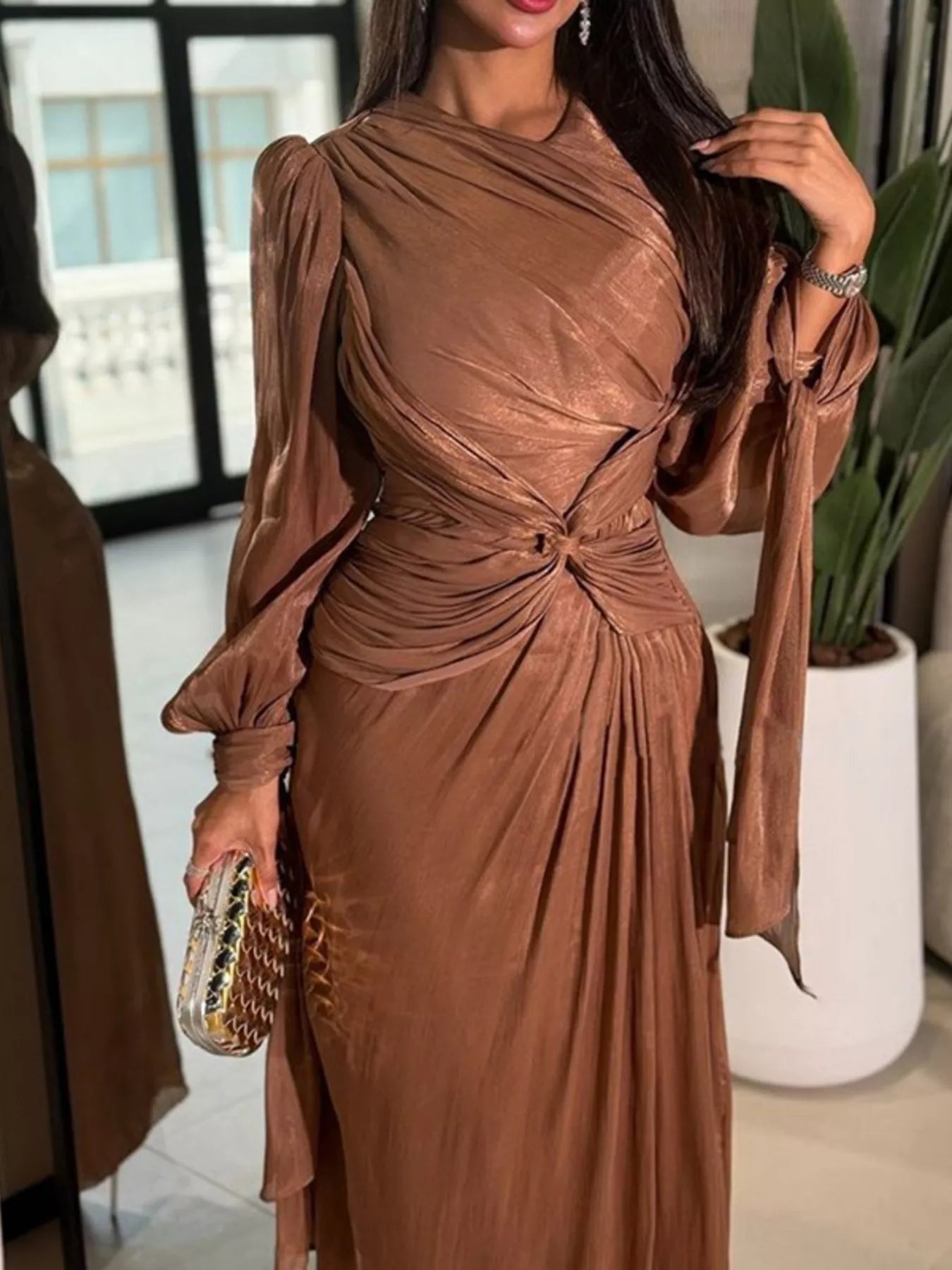 Cedar & Moore Front Twisted Draped Long Sleeve Maxi Dress in bronze satin with ruched detailing.