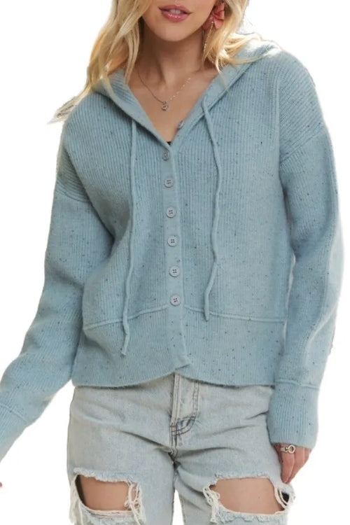 Light blue hoodie cardigan sweater with drawstring hood and button front