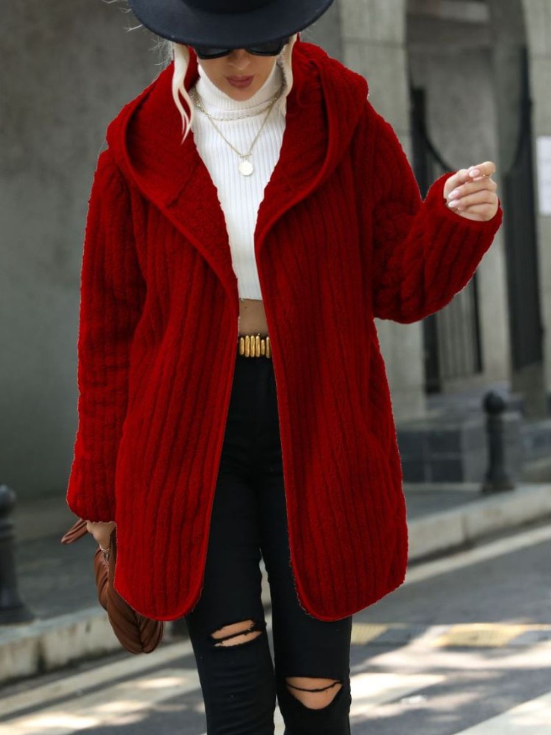 Wine red ribbed hooded open-front coat with hood and long sleeves