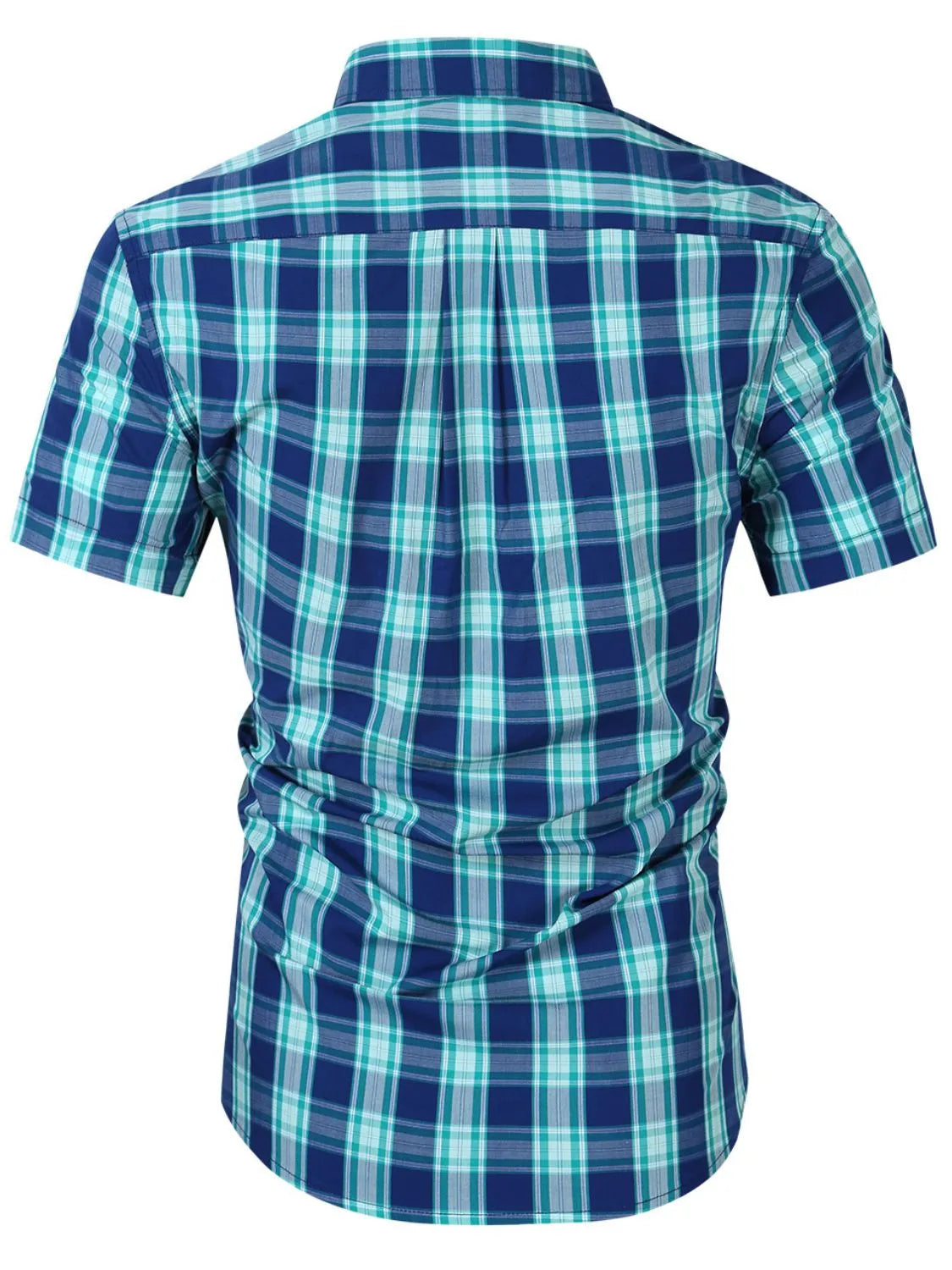 Teal plaid short-sleeve collared button-up shirt, back view