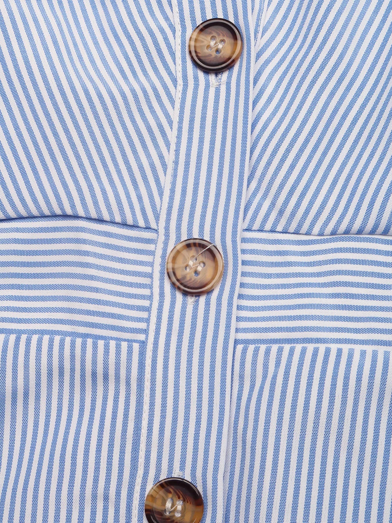 Cedar & Moore Ruffle Sleeve Button Front Midi Dress in blue and white stripe with tortoise buttons