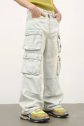 Light-wash mid-rise cargo jeans with multiple flap pockets, straight legs
