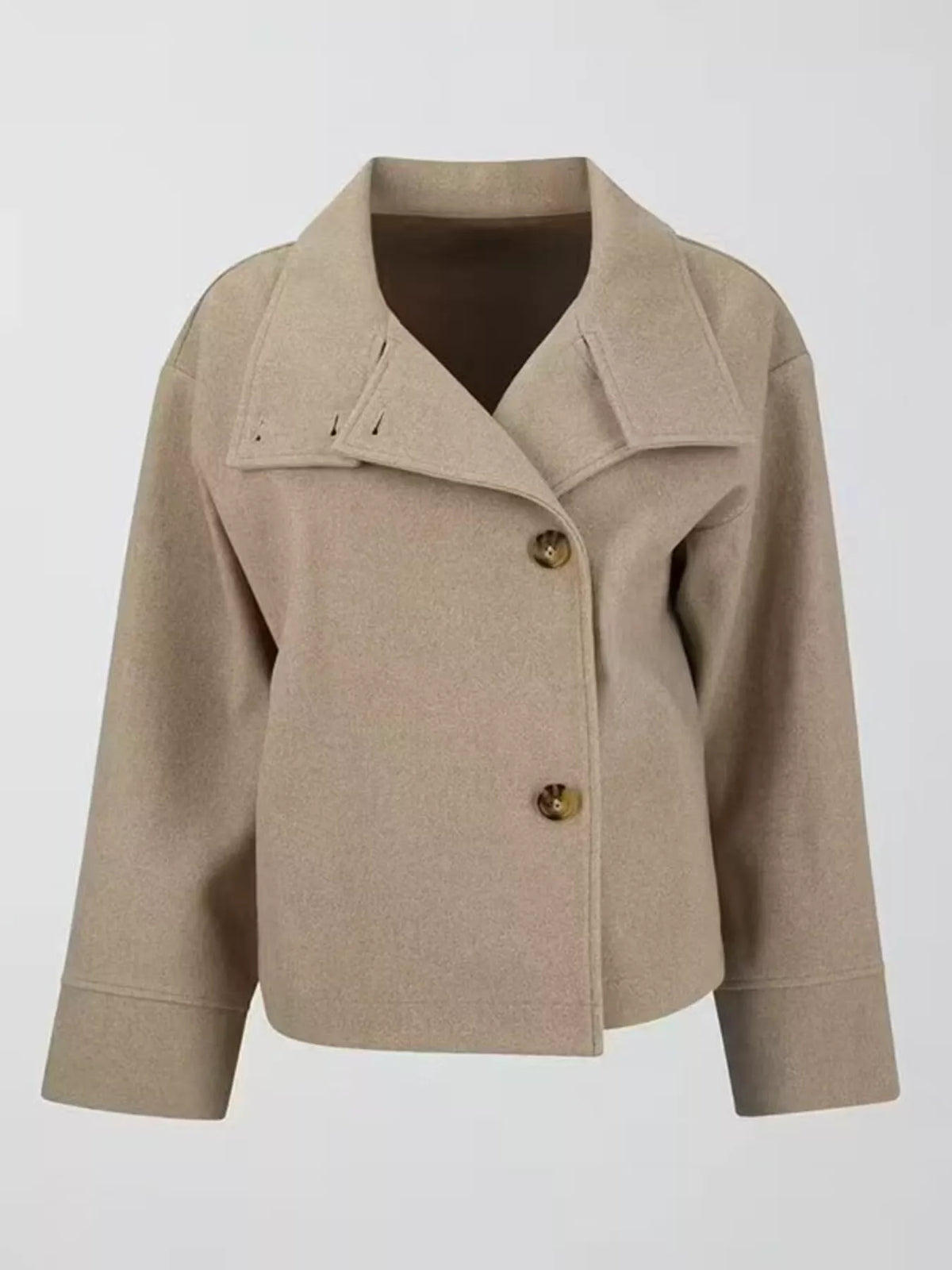 Beige long sleeve button-front cropped jacket, folded collar, gold buttons