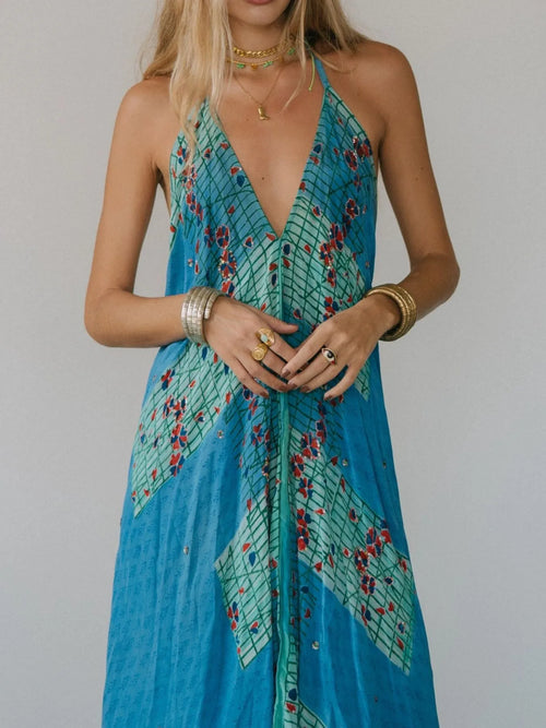 Halter maxi dress in teal blue with multicolor diamond print and button front