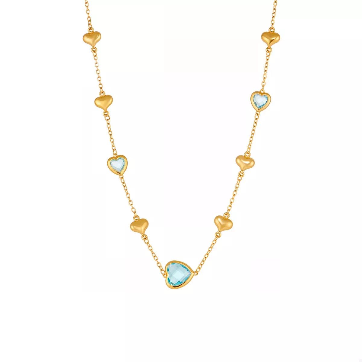 Gold-plated heart necklace with light blue glass heart charm center