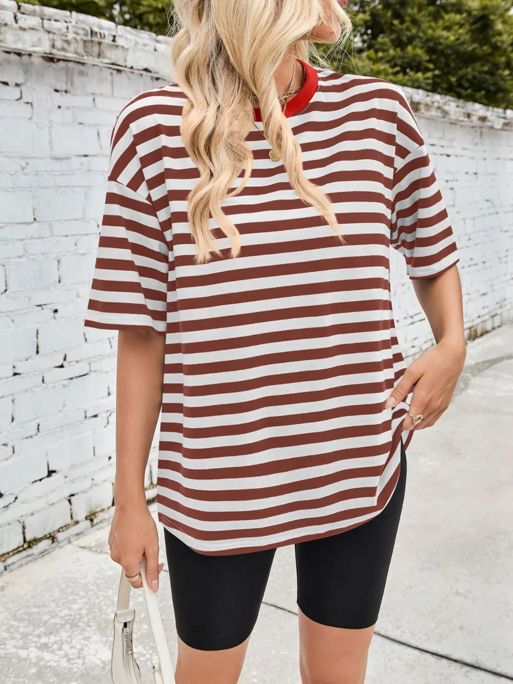 Brown and white striped round-neck short-sleeve T-shirt, back view