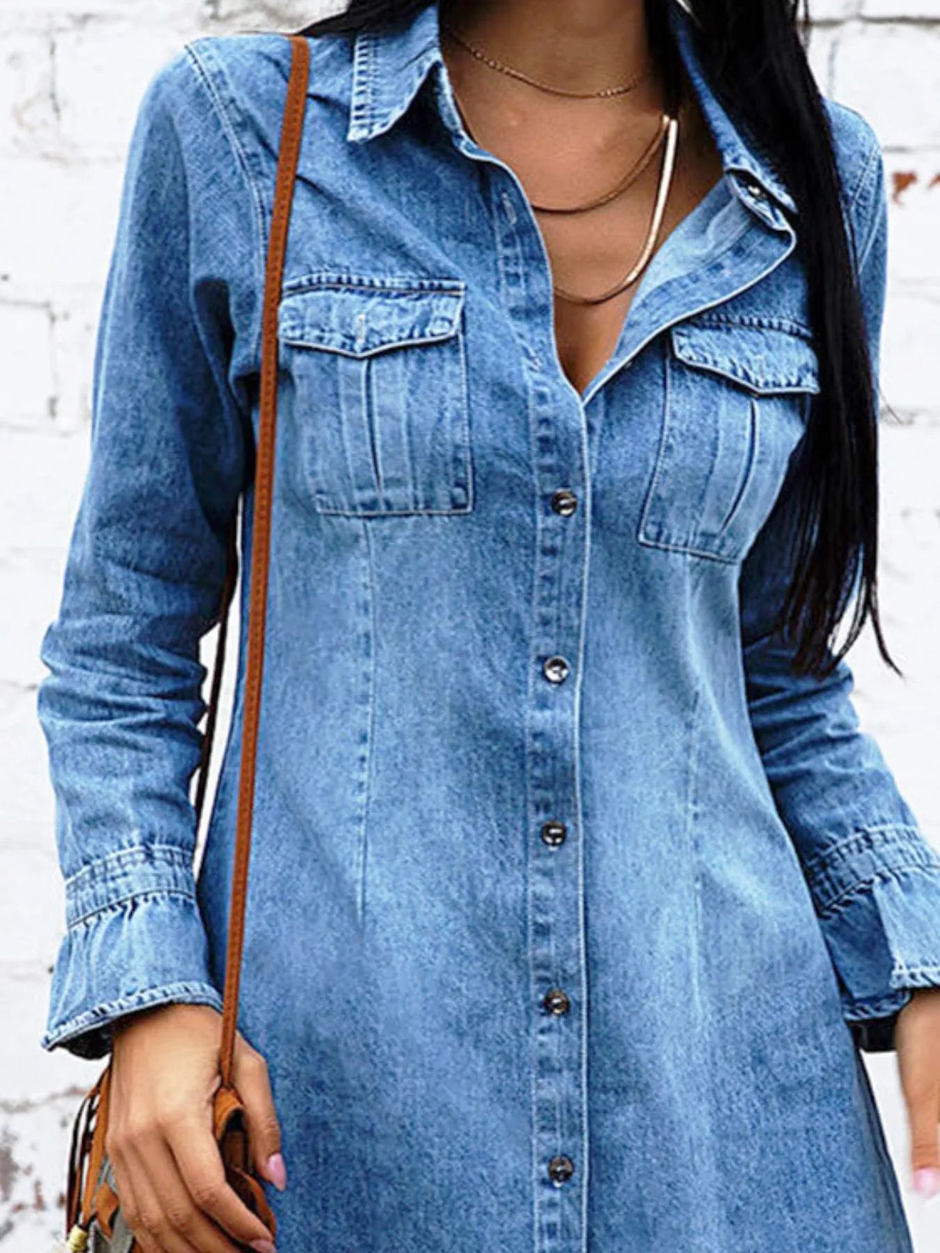 Cedar & Moore Button Front Long Sleeve Denim Dress in blue denim with pockets, Trendsi.