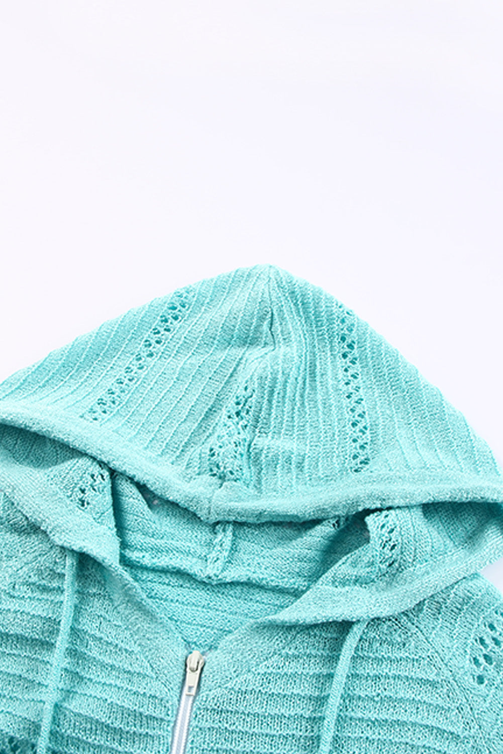 Turquoise hooded zip-up cardigan close-up of hood with openwork knit texture