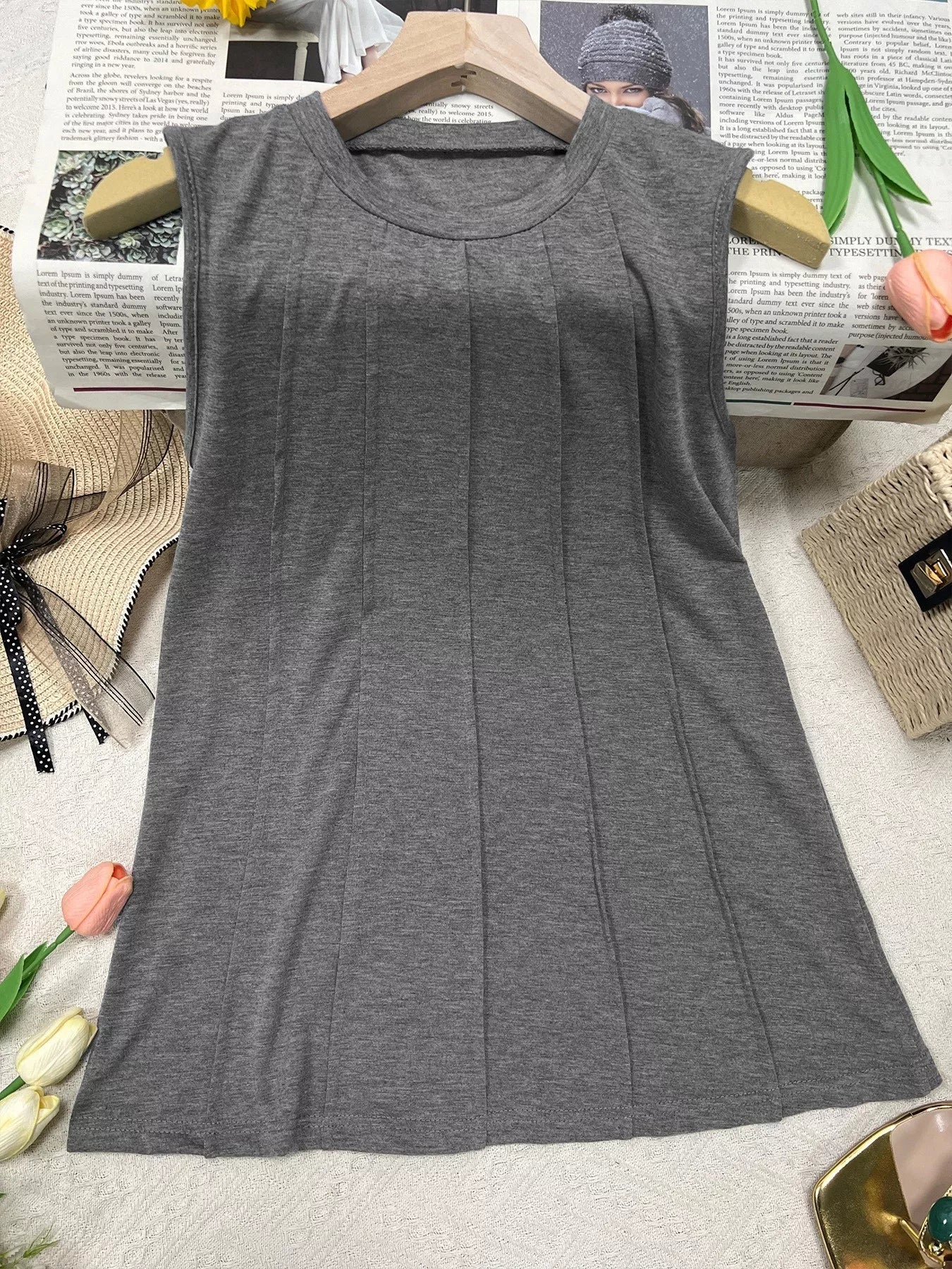 Cedar & Moore gray round-neck sleeveless tank top with front pleated panels