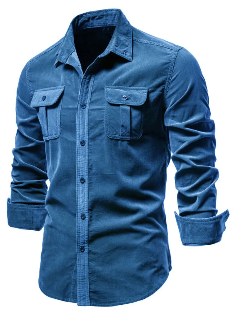 Men's blue button-down collared shirt with two flap chest pockets and long sleeves