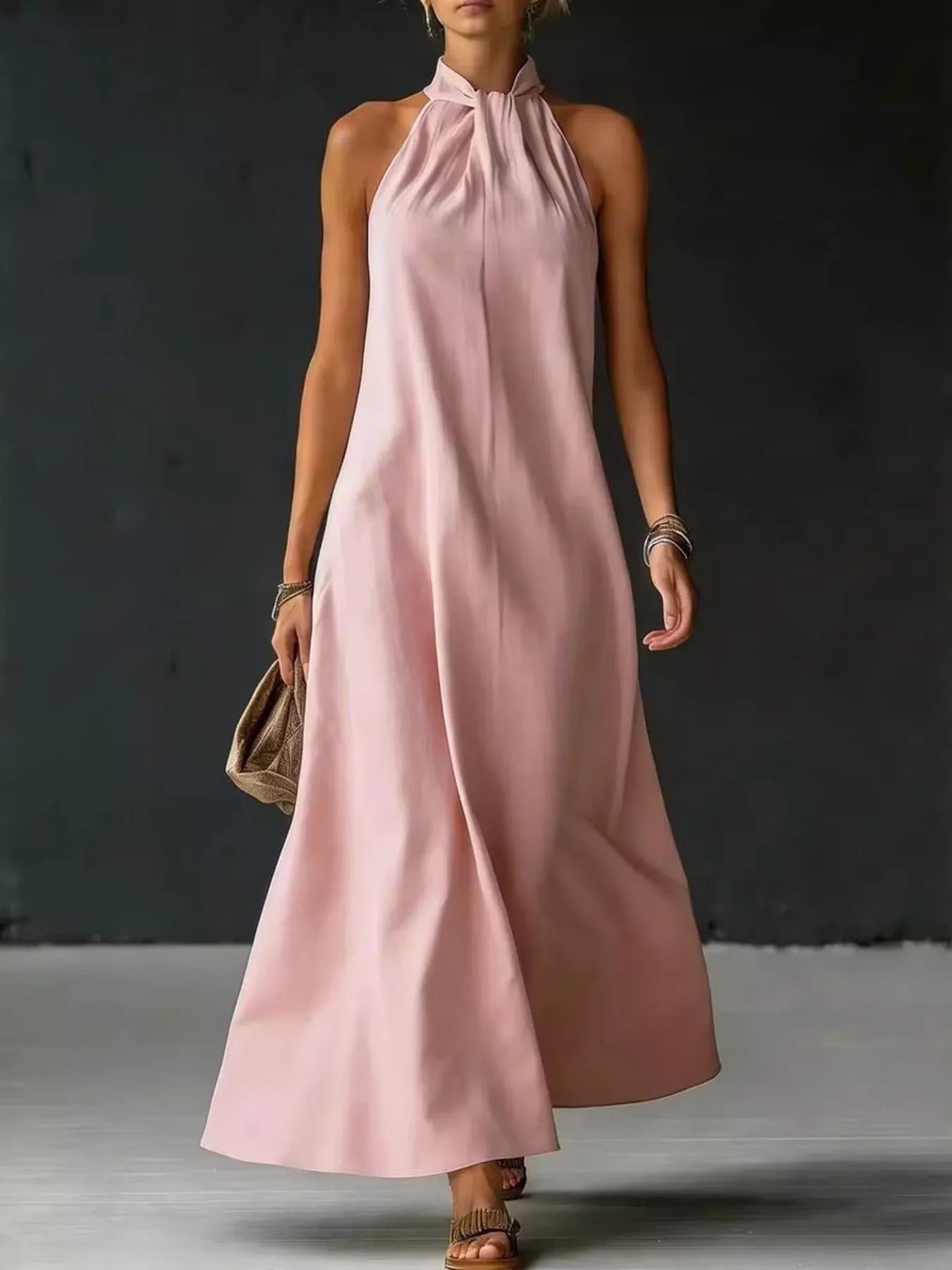 Pink halter-neck maxi dress with gathered high neckline, sleeveless