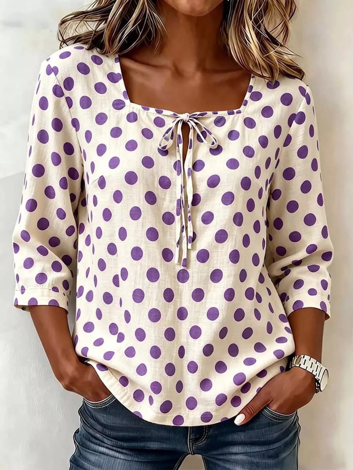 Purple polka dot square-neck tie-front blouse with three-quarter sleeves and bow detail