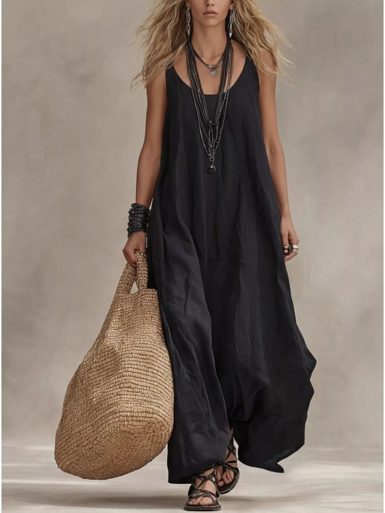 Black sleeveless scoop-neck maxi dress with gathered, flowy fabric