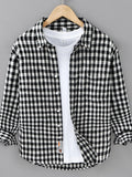 Men's plus size plaid button-up shirt with long sleeves, black and white check pattern