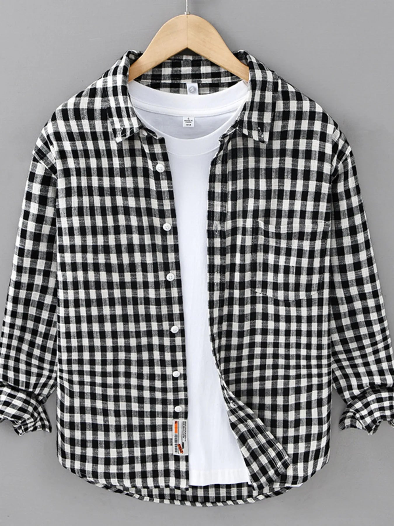 Men's plus size plaid button-up shirt with long sleeves, black and white check pattern