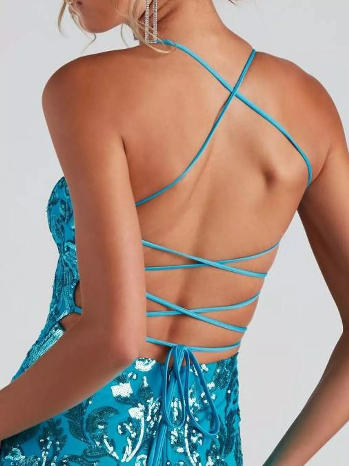 Turquoise backless sequin evening dress with crisscross lace-up straps on back