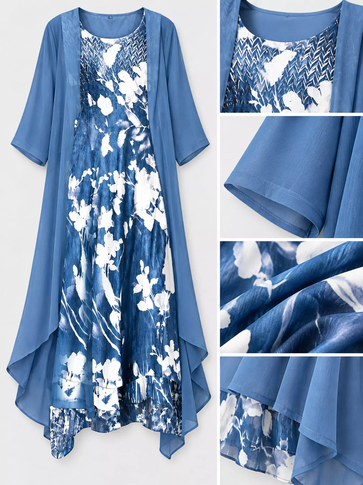 Blue floral print dress with sheer chiffon cardigan; close-up of fabric and layered drape