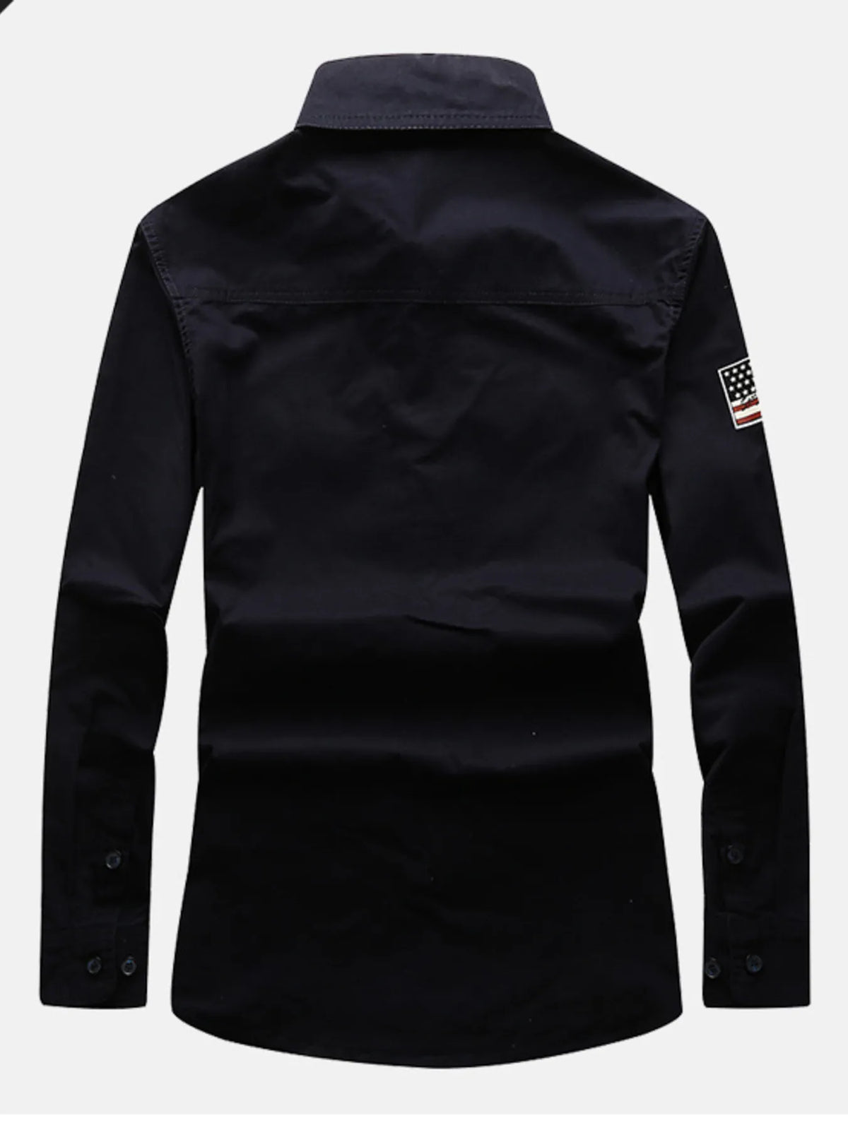 Men's long-sleeve cotton button pocket shirt, black, back view with shoulder flag patch