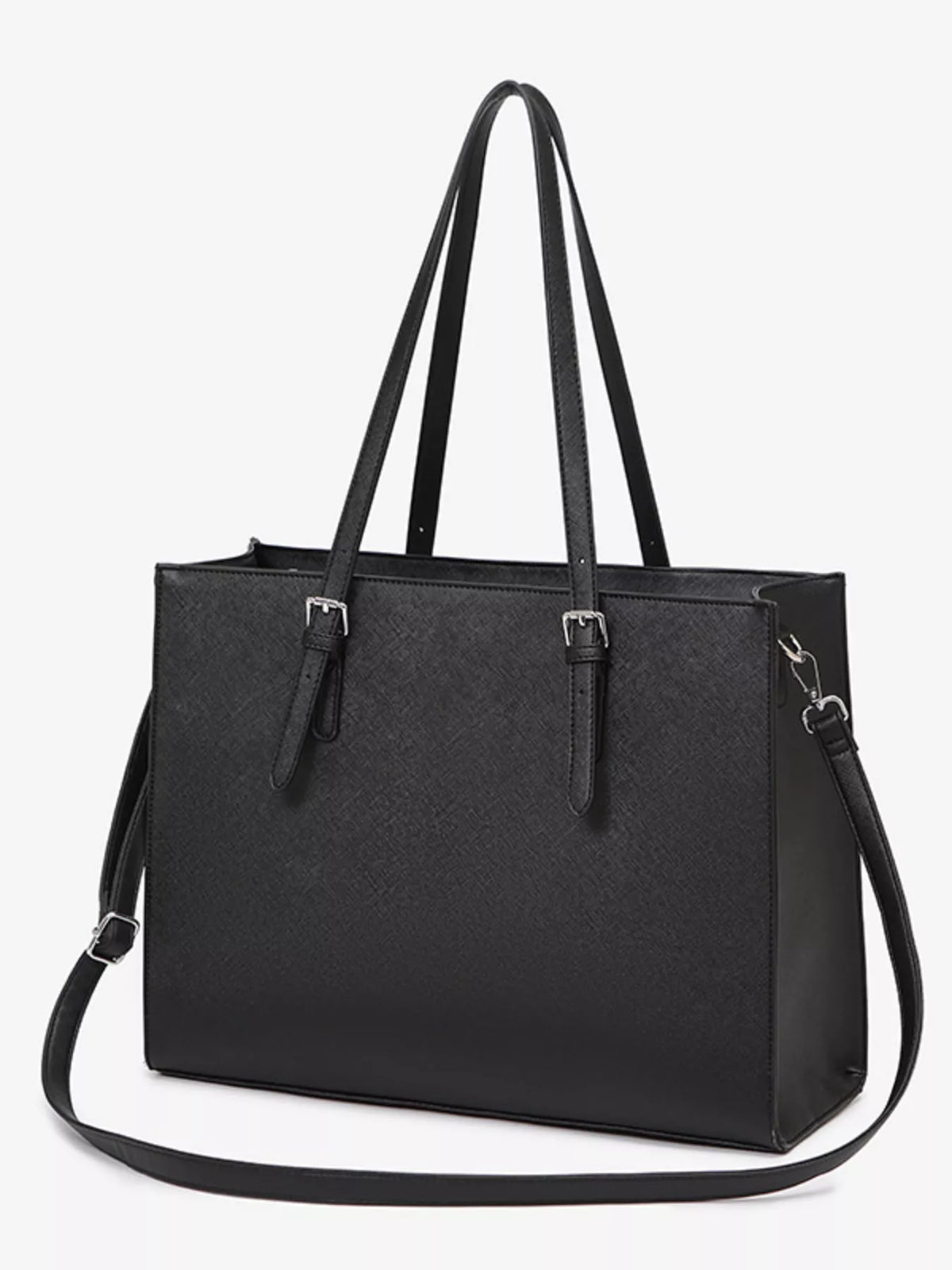 Black large tote bag with dual handles and crossbody strap; clean minimalist design.