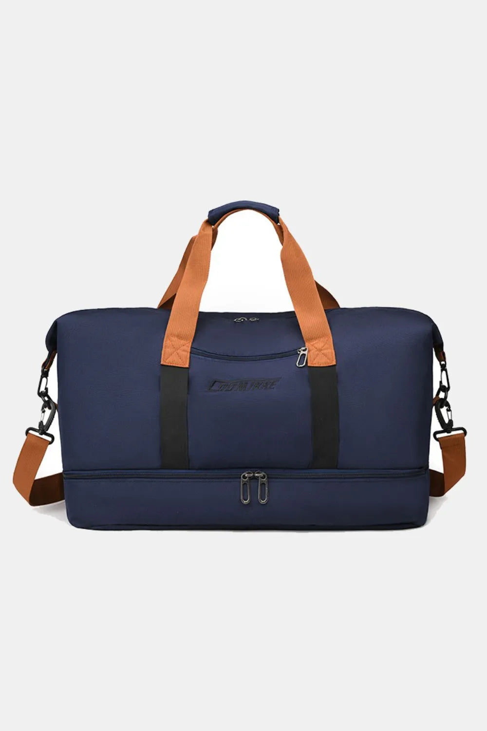 Dark navy waterproof duffel with brown handles and front zip pocket