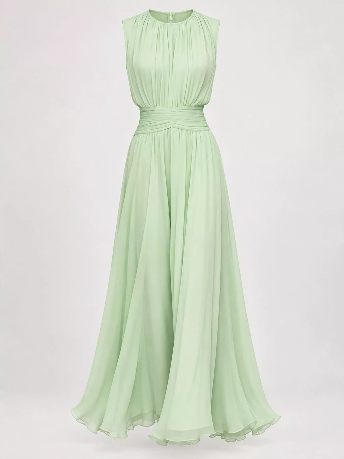 Light green sleeveless ruched chiffon maxi dress, draped skirt with soft gathers